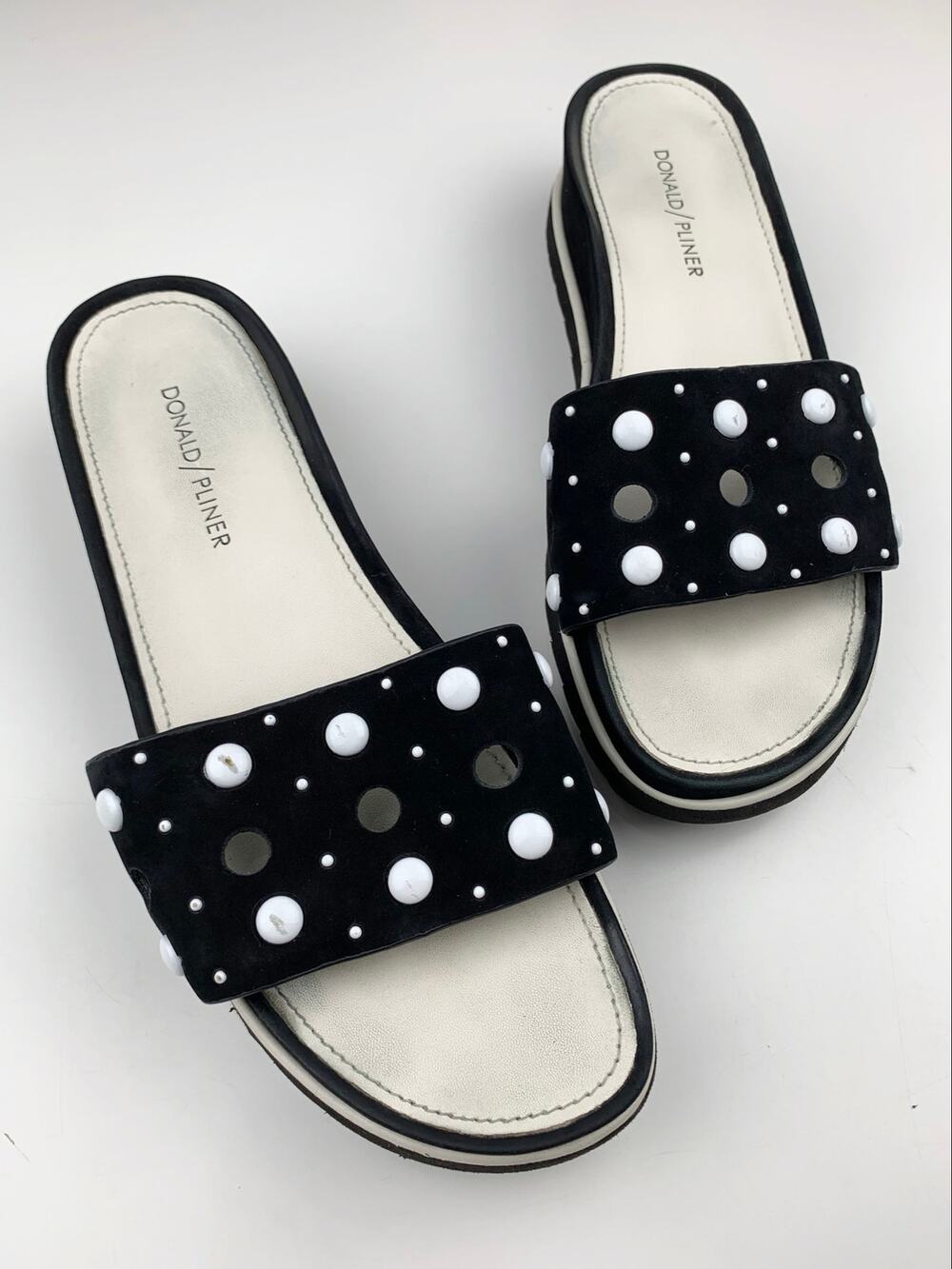 Donald Pliner Cava Slides Sandals Black Suede White Polka Dot Studded Women's 9